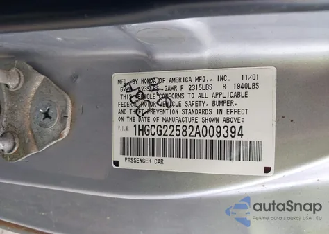 2002 Honda Accord 3.0 Ex z USA, uszkodzony, nr VIN 1HGCG22582A009394